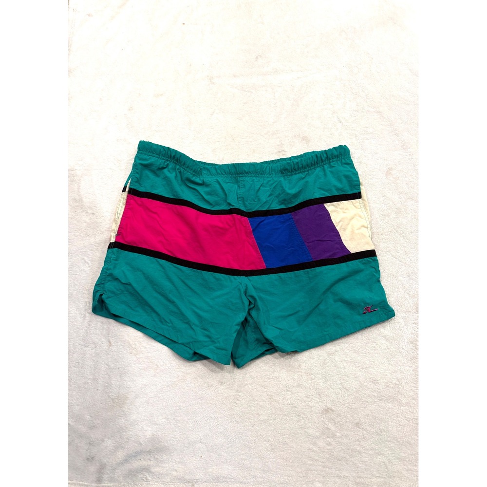 Vintage Hobie Mens Swim Shorts Colorblock Teal Pink Mesh Lined 1X 42-44 Retro